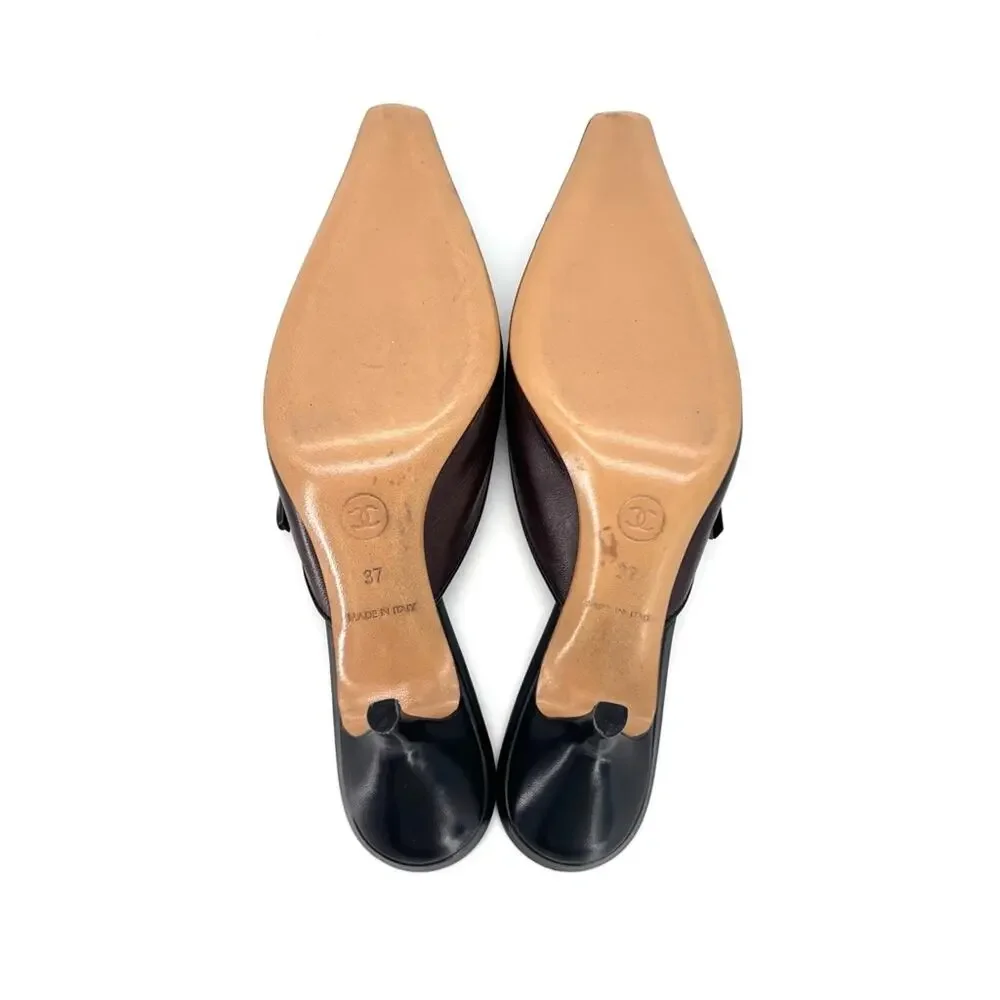Vintage Chanel Karl Lagerfeld Era Bow CC Logo Cap Toe Kitten Heel Mules 37